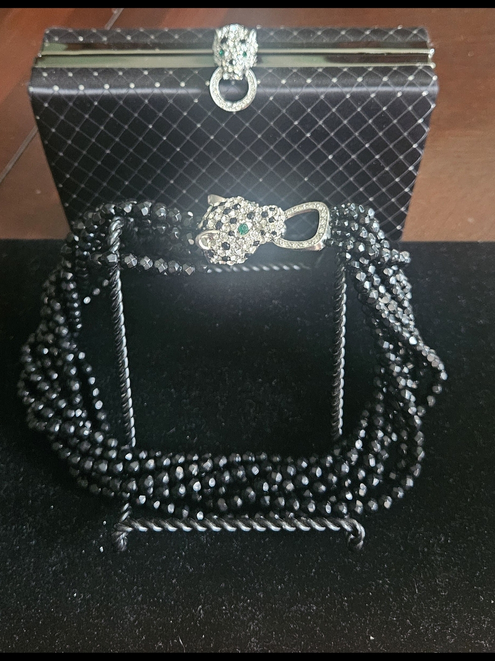 Vintage Kenneth Jay Lane Panther Clasp Multi-Strand Black Beaded Necklace & Bag